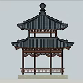 Traditional Chinese Two Story Pavilion With Black Tiled Roof And Wooden Carved Railings