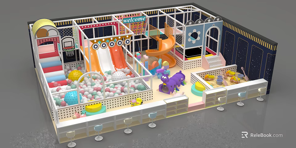 Indoor Kids Playground With Colorful Slide Ball Pit And Dinosaur Toys 3d model 