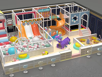 Indoor Kids Playground With Colorful Slide Ball Pit And Dinosaur Toys 3d model