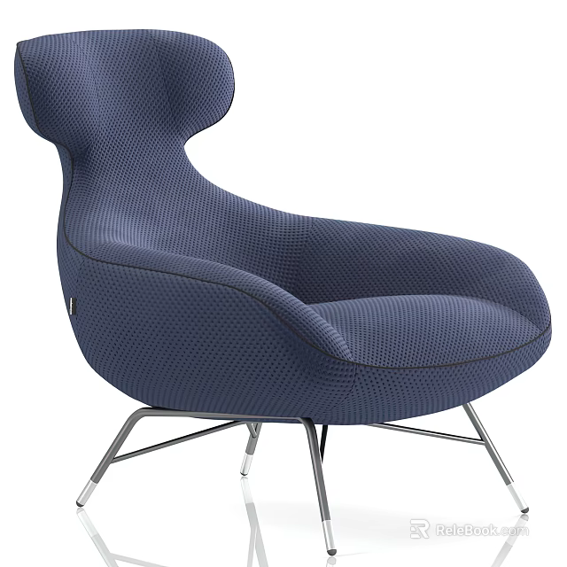 Navy Blue Textured Fabric Leisure Chair With Modern Curved Backrest And Metal Legs 3d model 