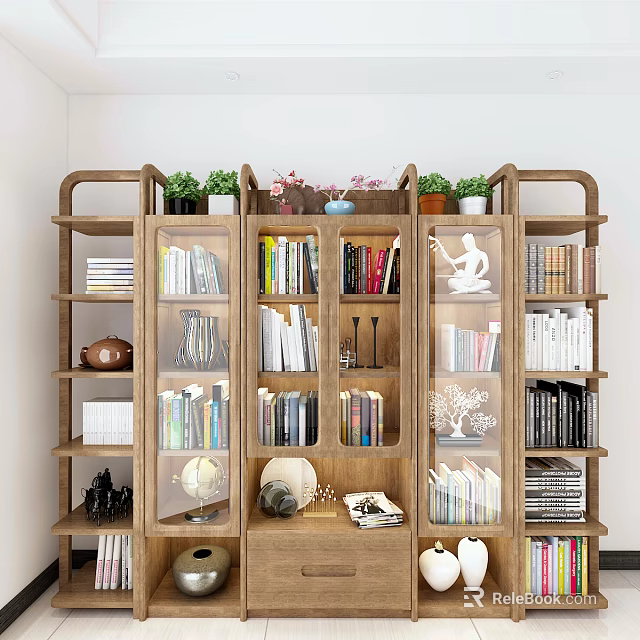 Wooden Bookshelf With Glass Doors Filled With Books Decorations And Green Plants 3d model 