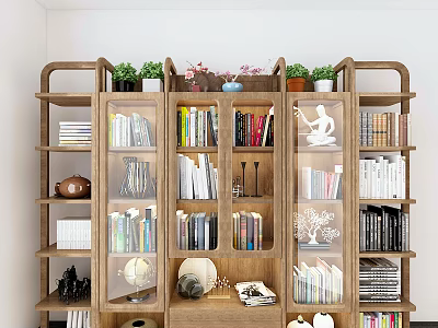 Wooden Bookshelf With Glass Doors Filled With Books Decorations And Green Plants 3d model