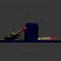 Decorative Violins With Green Pink Details On Blue Circular Platform And Arrow
