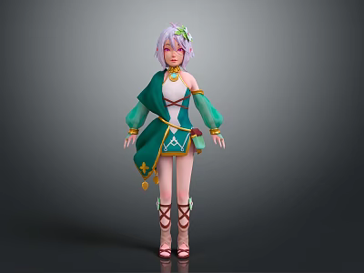 Fantasy Character With Pink Hair And Green Outfit Featuring Flower Decorations And Golden Accents 3d model