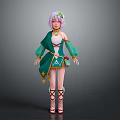 Fantasy Character With Pink Hair And Green Outfit Featuring Flower Decorations And Golden Accents