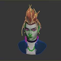 Child 3D Head Model With Red Flame Shaped Hair Black Collar And Gold Chain