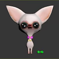 Cute Animated Game Character with Big Eyes Pink Ears Bow Collar and Green Dumbbells