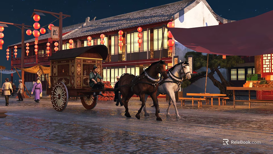 Ancient Architecture Scene With Black And White Horses Pulling Carriage And Red Lanterns At Night 3d model 