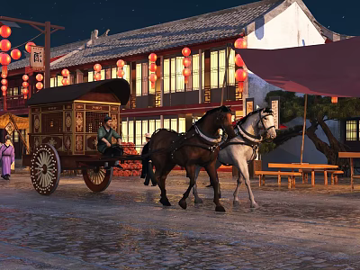 Ancient Architecture Scene With Black And White Horses Pulling Carriage And Red Lanterns At Night 3d model