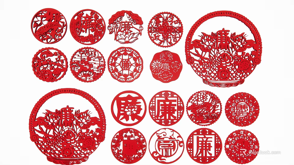 Red Paper Cut Pendants With Chinese Characters Phoenix And Auspicious Patterns 3d model 