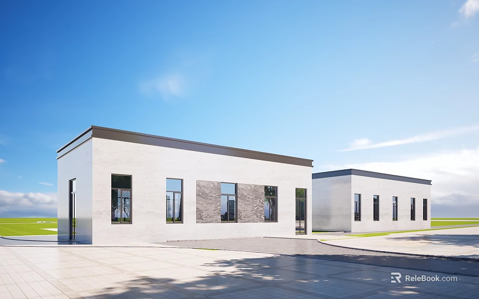 Modern Rural Self Built House With White Exterior And Large Windows Under Blue Sky 3d model 