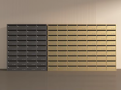 Black And Gold Mailbox Cabinets With Multiple Compartments Against Light Wall 3d model