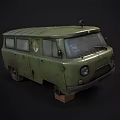 Vintage Military Green Van With Worn Out Exterior And Wooden Blocks Under Tires