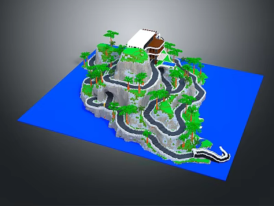 Fun Amusement Rides on Tropical Island with Winding Tracks Palm Trees and Blue Water 3d model