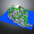 Fun Amusement Rides on Tropical Island with Winding Tracks Palm Trees and Blue Water