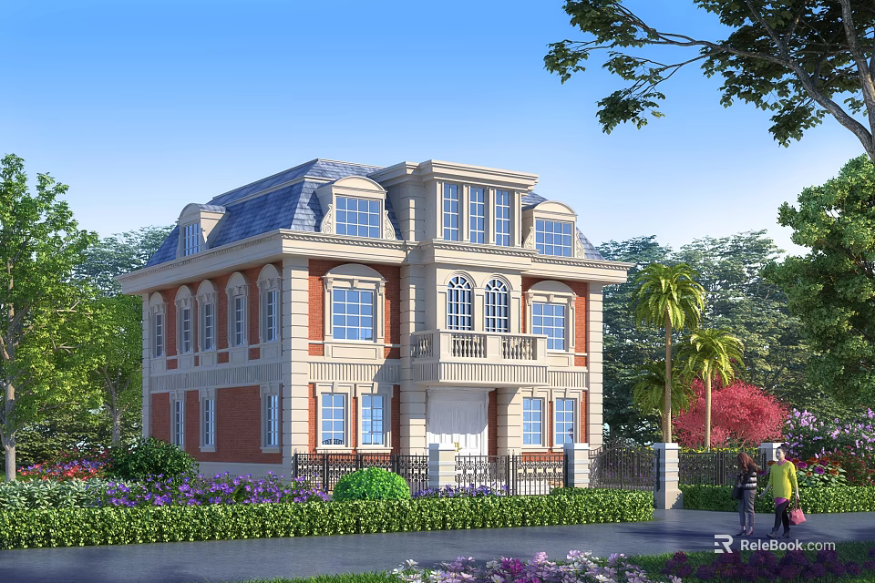 European Style Detached Villa With Red Brick Walls Blue Roof Green Plants And Flowers 3d model 