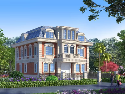 European Style Detached Villa With Red Brick Walls Blue Roof Green Plants And Flowers 3d model