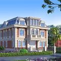 European Style Detached Villa With Red Brick Walls Blue Roof Green Plants And Flowers
