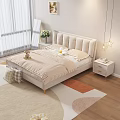 Cozy Double Bed With Upholstered Headboard Golden Legs Bedside Tables White Flowers And Wall Art