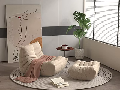 Cozy Bean Bag Sofa With Pink Blanket Small Side Table Green Plant Book Rug And Window 3d model