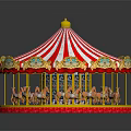Children Riding Colorful Carousel With Red White Striped Canopy And Golden Decorations