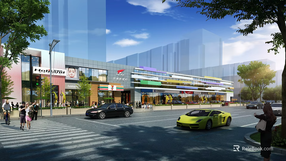 Bustling Commercial Street With Modern Glass Facades Colorful Stores Cars Pedestrians And Trees 3d model 