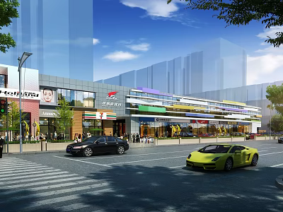 Bustling Commercial Street With Modern Glass Facades Colorful Stores Cars Pedestrians And Trees 3d model