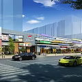 Bustling Commercial Street With Modern Glass Facades Colorful Stores Cars Pedestrians And Trees