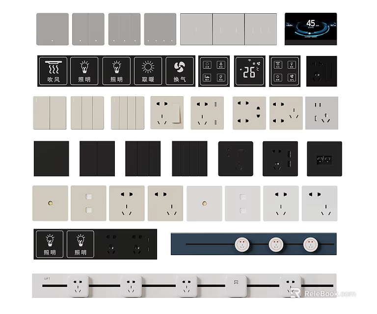 Various Modern Switch Panels With Different Designs Colors And Socket Features For Home 3d model