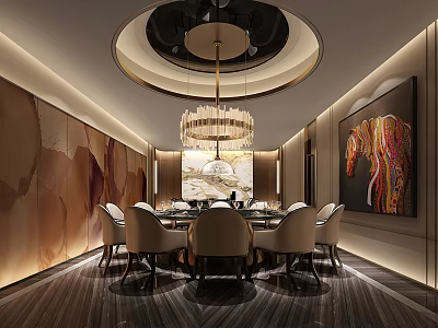 Luxury Private Dining Box with Round Table Chandelier Decorative Artwork Modern Wall Design and Lighting 3d model