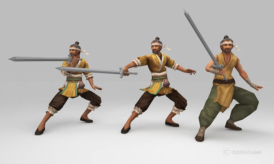 Sword Wielding Game Movie Character In Traditional Yellow Top Dark Pants Various Dynamic Poses 3d model 