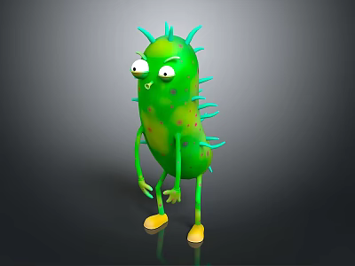 Green Spiky Pickle Character With Big Eyes And Yellow Feet Animated Creature 3d model