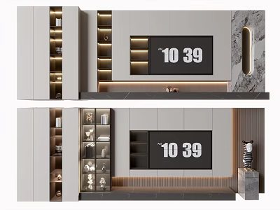 Modern TV Wall Design with Lighted Cabinets Marble Accents and Storage Spaces 3d model