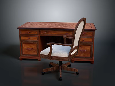 Traditional Wooden Desk With Drawers And Office Chair White Cushion Wheels Design 3d model
