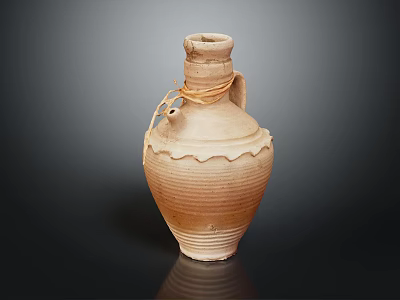 Traditional Clay Pot With Rope Knot Scalloped Edge Striped Pattern And Handle 3d model