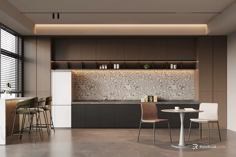 Modern Staff Pantry With Open Design Dark Cabinets Marble Backsplash Dining Table Chairs And Refrigerator 3d model 