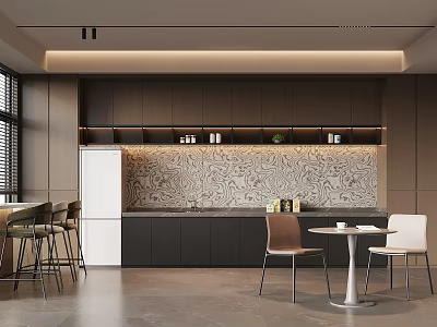 Modern Staff Pantry With Open Design Dark Cabinets Marble Backsplash Dining Table Chairs And Refrigerator 3d model