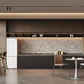 Modern Staff Pantry With Open Design Dark Cabinets Marble Backsplash Dining Table Chairs And Refrigerator