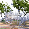Modern Outdoor Playground Equipment With Slides Climbing Frames Safety Nets And Trees