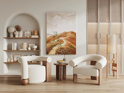 Casual Sofa Set With White Upholstered Design Wooden Legs Small Coffee Table And Decorative Painting 3d model