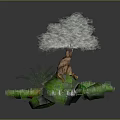 Cartoon Scene Featuring Unique Tree With Green Leaves And Green Rocks Around Roots