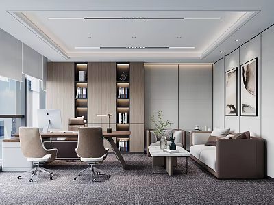 Modern Office Interior Design With Desk Office Chairs Bookshelves Sofa Coffee Table And Plants 3d model