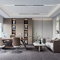 Modern Office Interior Design With Desk Office Chairs Bookshelves Sofa Coffee Table And Plants