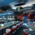 Modern Restaurant Featuring Long Tables Red Gray Chairs Unique Ceiling Decor And Circular Wall Art 3d model