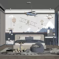 Kids Room With Dark Blue Walls Airplane Hot Air Balloon Mountain Decor Bed Desk Chair