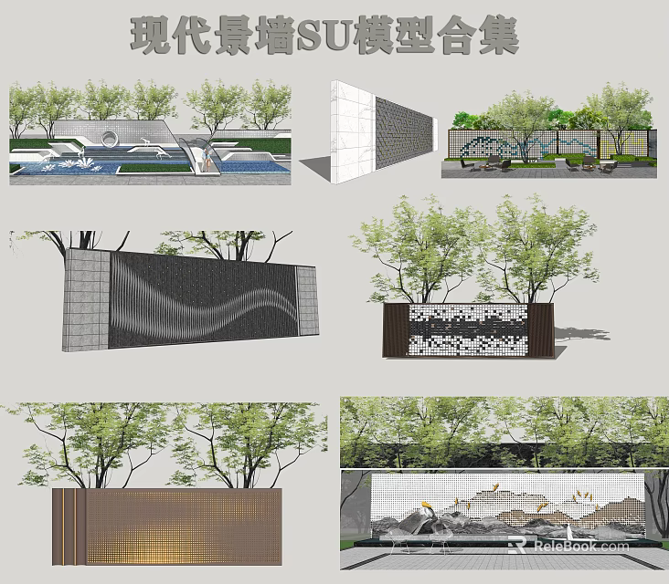 Modern Landscape Feature Wall Design With Water Feature Plants And Perforated Patterns 3d model