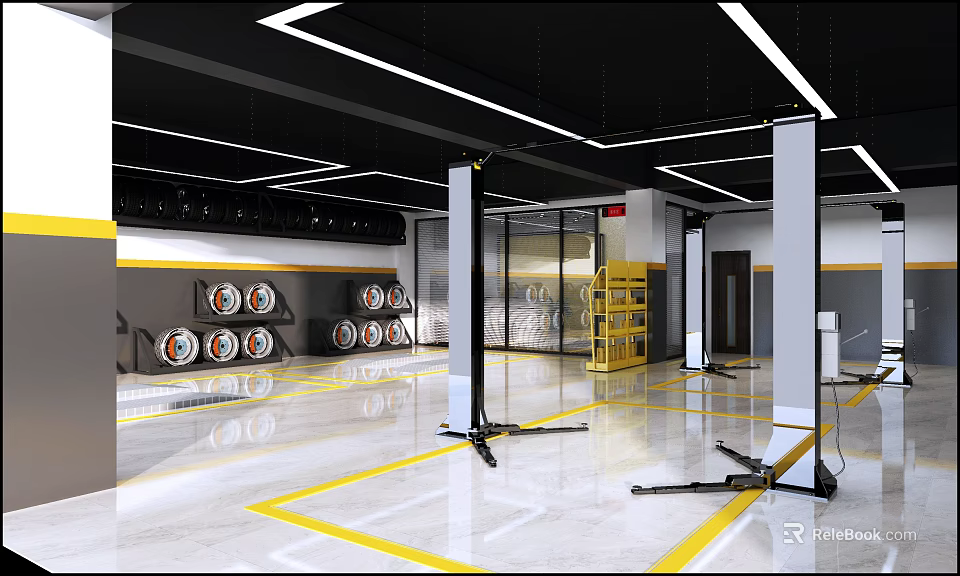 Auto Repair Shop With Car Lifts Tire Storage Racks And Professional Service Equipment 3d model 