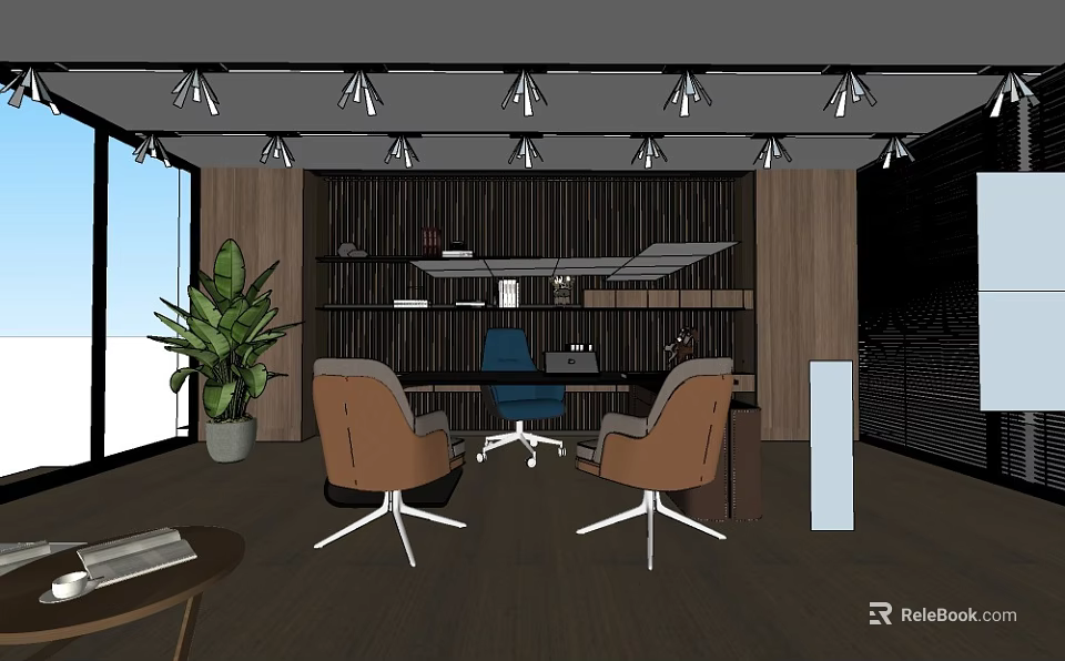 Modern Office Interior With Wooden Wall Pendant Lights Desk Plant Office Chairs And Large Windows 3d model 