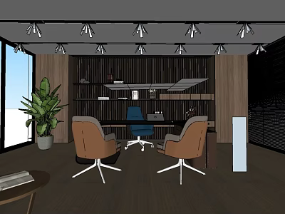 Modern Office Interior With Wooden Wall Pendant Lights Desk Plant Office Chairs And Large Windows 3d model