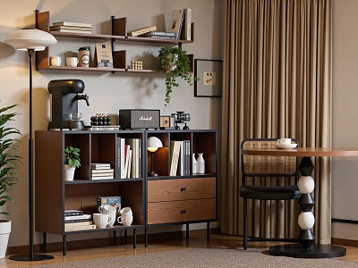 Stylish Sideboard with Books Plants Coffee Machine Table Lamp Drawers and Curtains 3d model